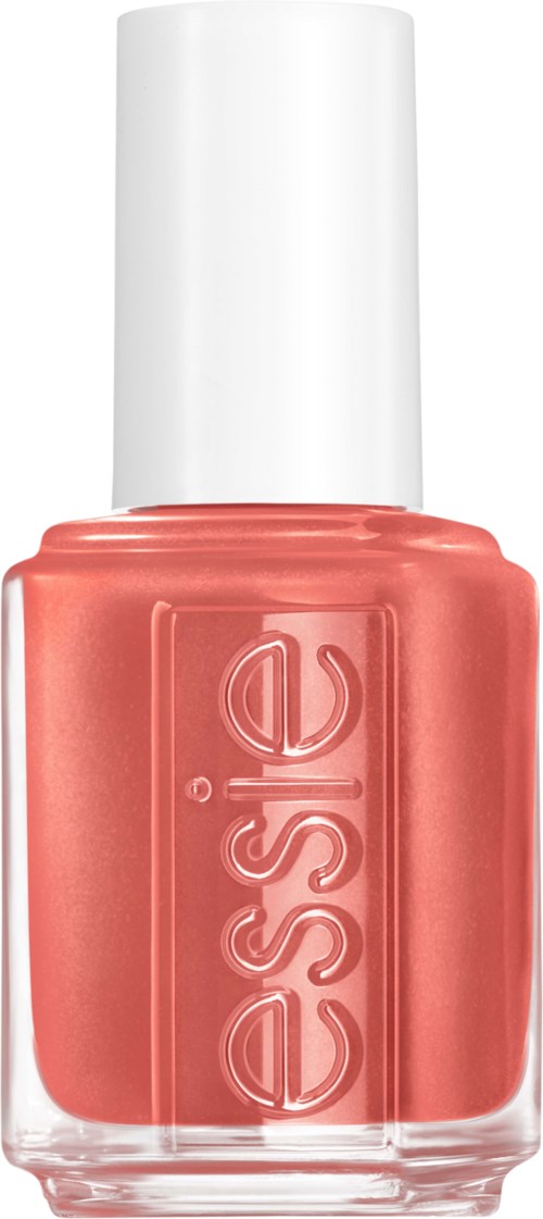 Nagellackflaska i korallfärg med vit kork, husformad logo och varumärket "essie" på framsidan.