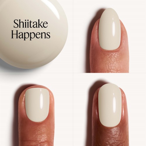 Valkoinen pallo jossa teksti "Shiitake Happens" ja kolme lähikuvaa sormen kynnen valkoisesta lakasta.
