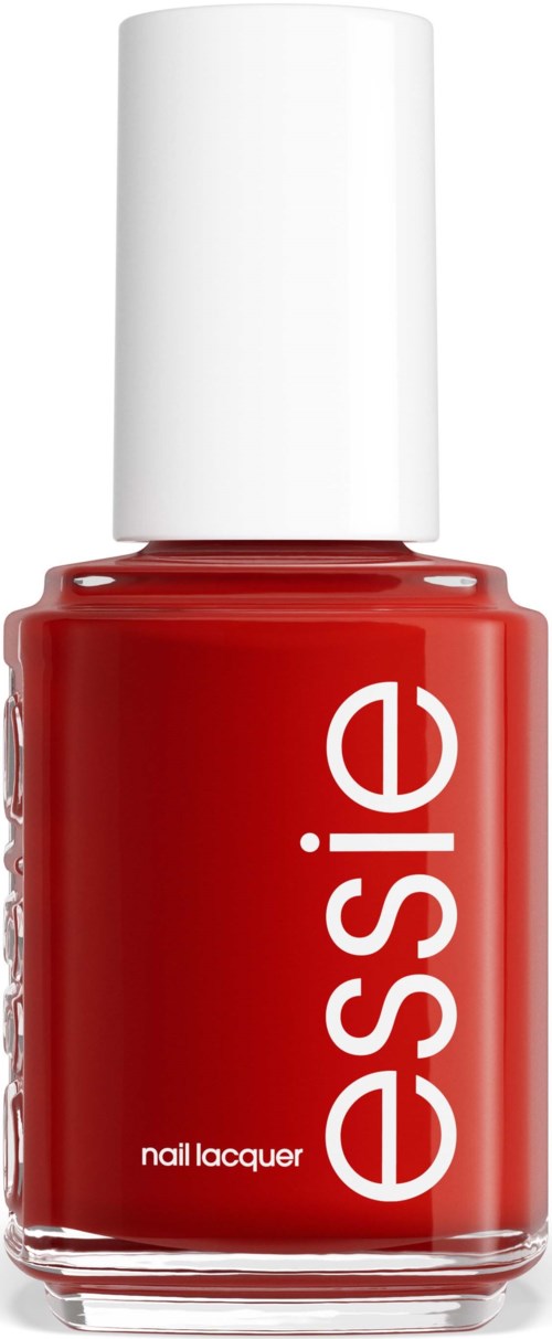 Röd nagellackflaska med vitt lock och 'essie' varumärke vertikalt på framsidan.