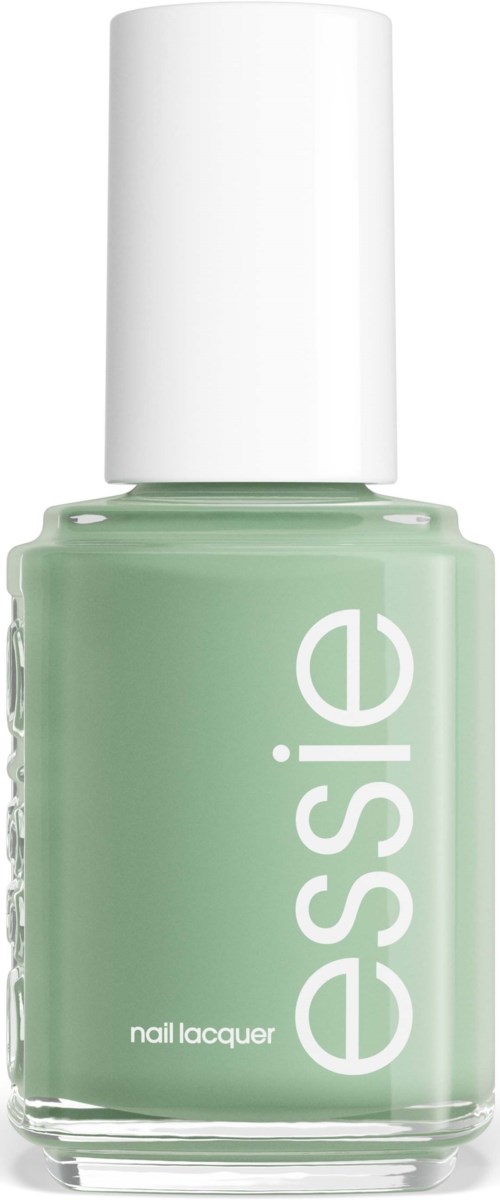 Ljusgrön nagellack i en klar flaska med vit kork, märkt "essie" och "nail lacquer."