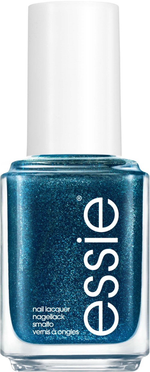 Blue nail polish in a clear bottle with a white cap, labeled 'essie'.