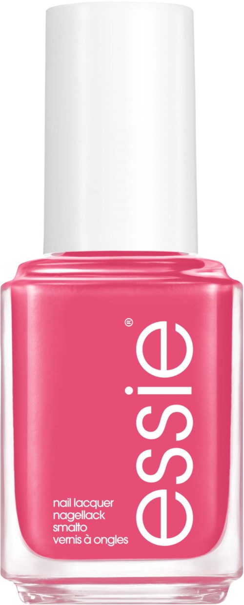 A pink bottle of Essie nail polish with a white cap and large white brand name on the front.