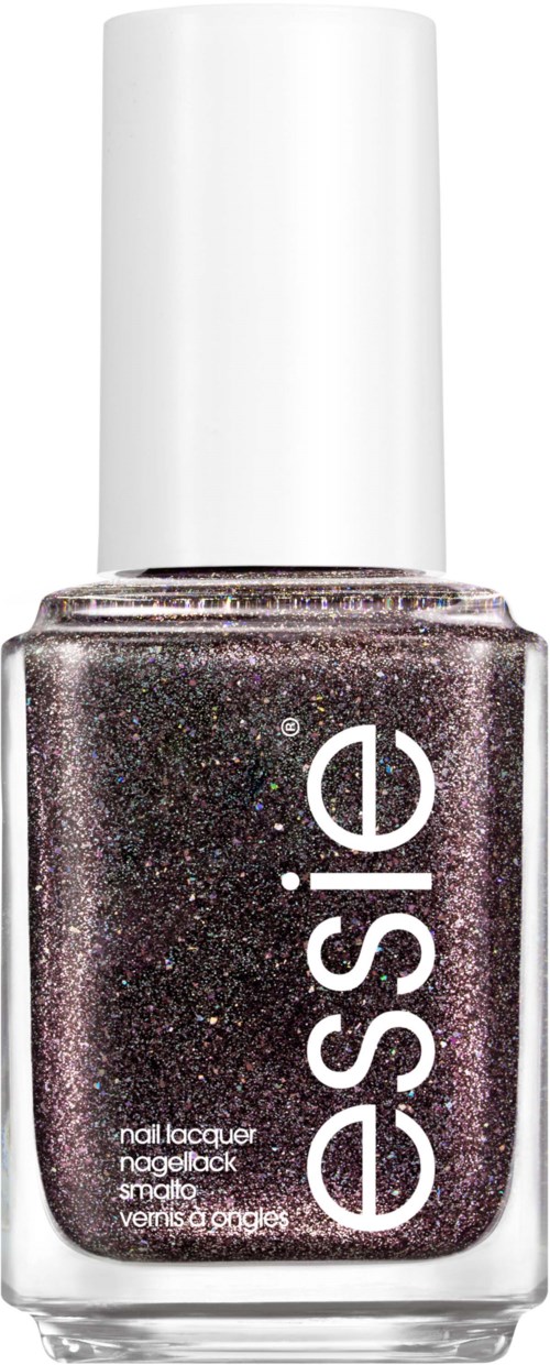 A bottle of dark, glittery nail polish with a white cap, labeled 'essence' vertically.