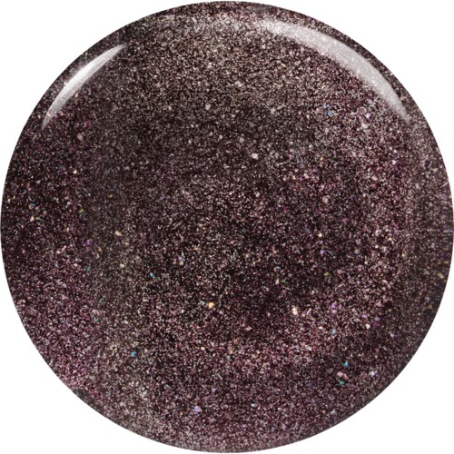 A dark, circular object filled with sparkling glitter in shades of pink and purple.