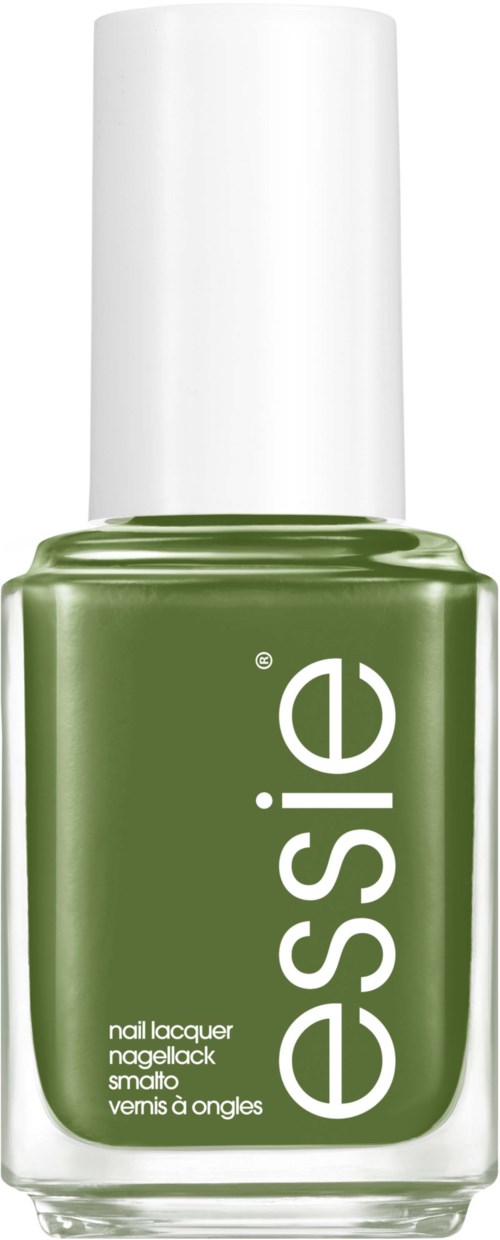 A green nail polish bottle from Essie with a white cap. The label shows the brand name Essie.