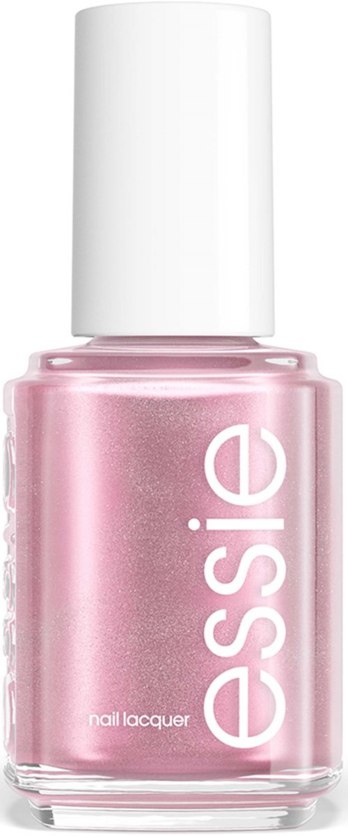 Roze nagellak in een doorzichtige fles met witte dop, gemarkeerd als Essie nagellak.