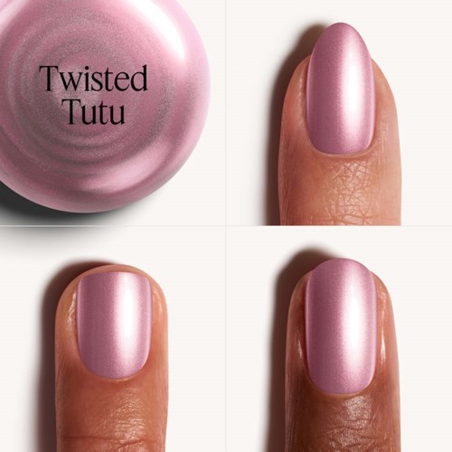 Roze nagellak in de kleur Twisted Tutu naast een roze bol met de naam Twisted Tutu.