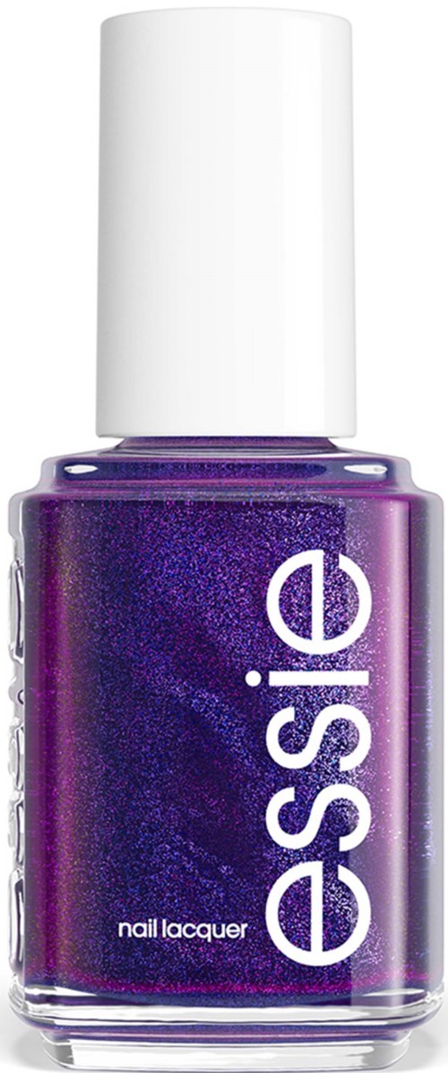 Flesje met paarse nagellak met witte dop en het woord essie.