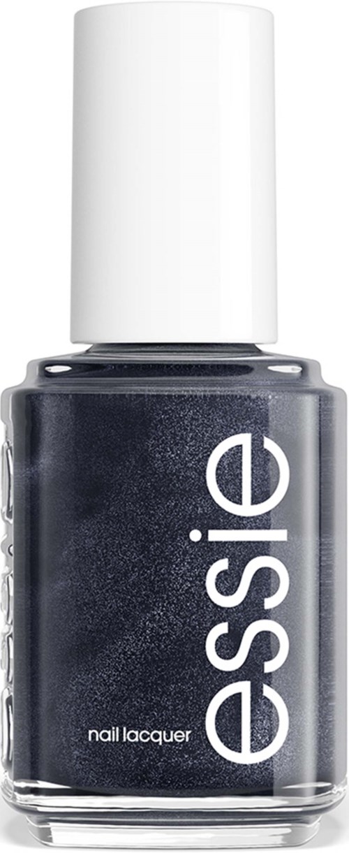 Donkergrijze nagellakfles met witte dop en witte tekst "essence" en "nail lacquer."