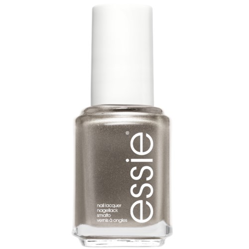 En flaska metallic silver nagellack med vit lock och varumärket 'essie's' logo på.