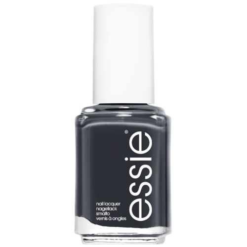 En flaska med mörkgrå nagellack med vit topp och vitt 'essie'-märke på.