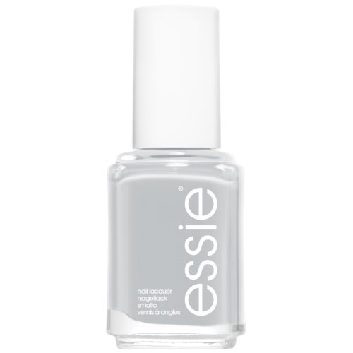 En tydlig glasflaska med Es聽se nagellack, med vit text på framsidan och en vit kork.