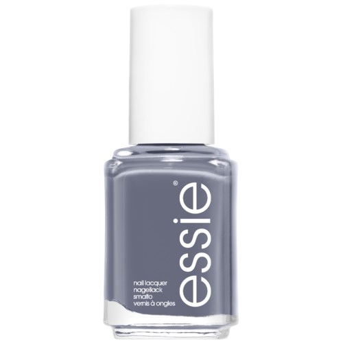 Eine klare Glasflasche mit grauem Nagellack und weißem Deckel, mit dem Label 'essie'.