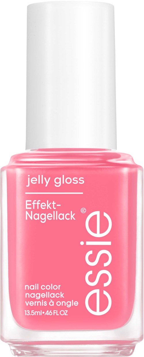 Pink nail polish bottle with white cap, labeled 'essie', 'effect', 'gel gloss', and 'nail color'.