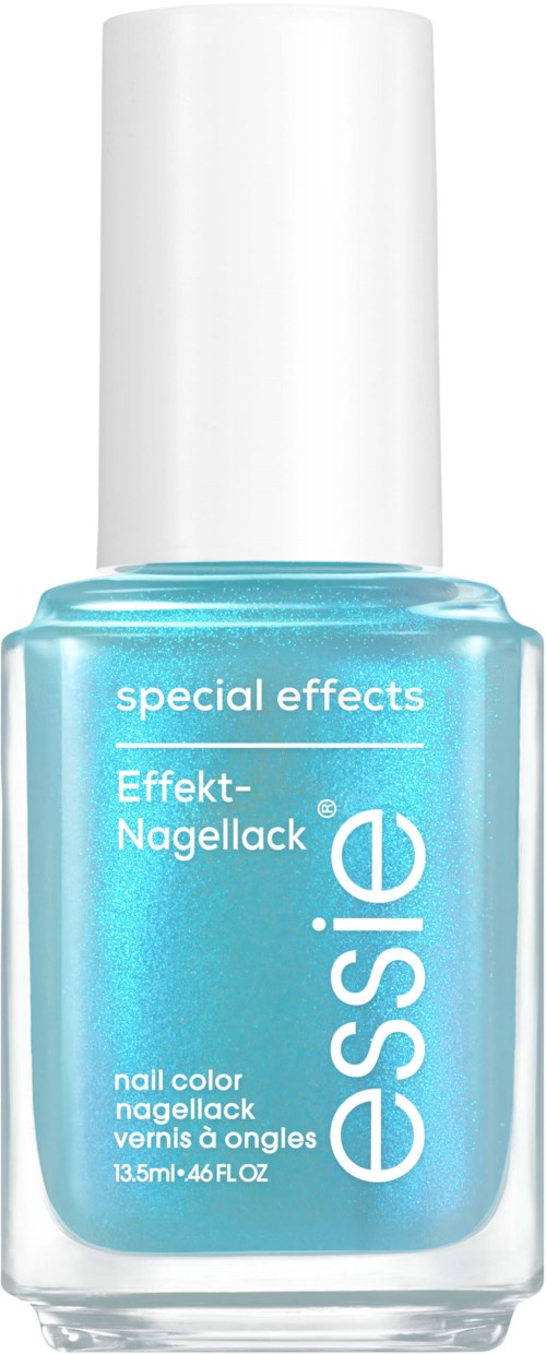 Een heldere blauwe nagellakfles met witte dop van Essie, gelabeld 'special effects' en 'Effekt-Nagellack.'