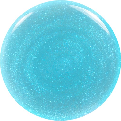 Een glanzende blauwe bol met glitters erin, lijkt op een stralende edelsteen of decoratiebol.