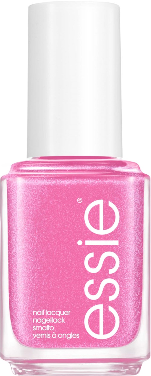 A pink nail polish bottle with a white cap and the brand name 'essence' on it.