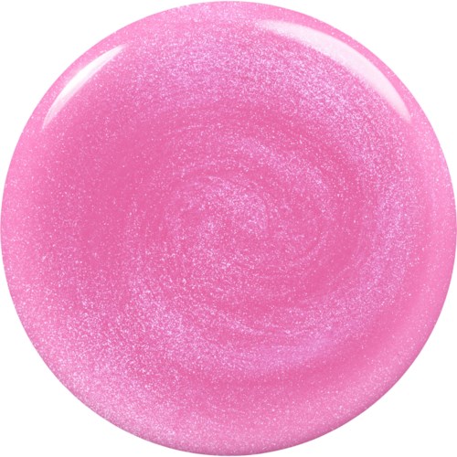 A shiny, pink, circular object with a sparkly, textured surface and light reflection.
