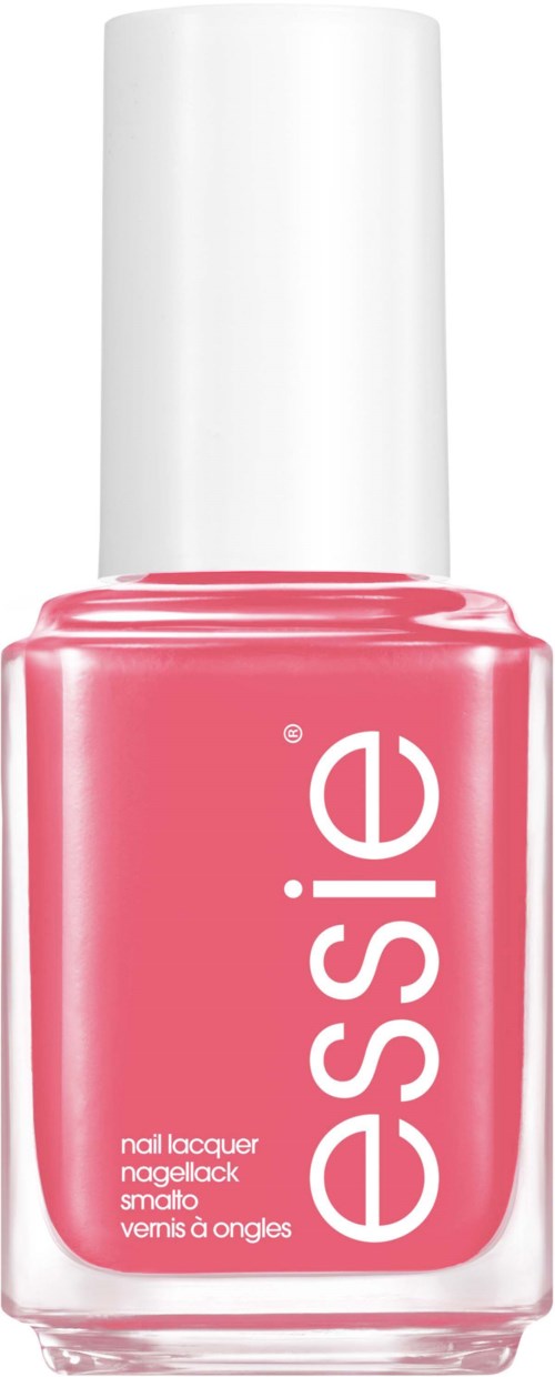 Pink nail polish bottle with a white cap and 'essence' written vertically on it.