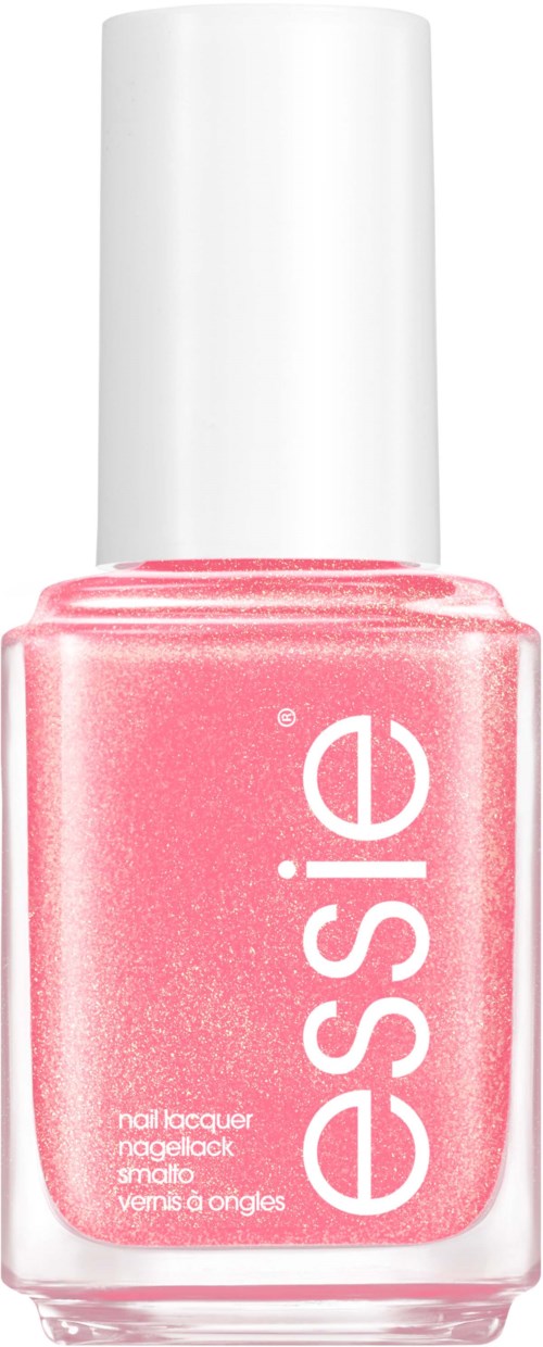 A small, pink nail polish bottle with a white cap, labeled "essence" and some text. Simple design.
