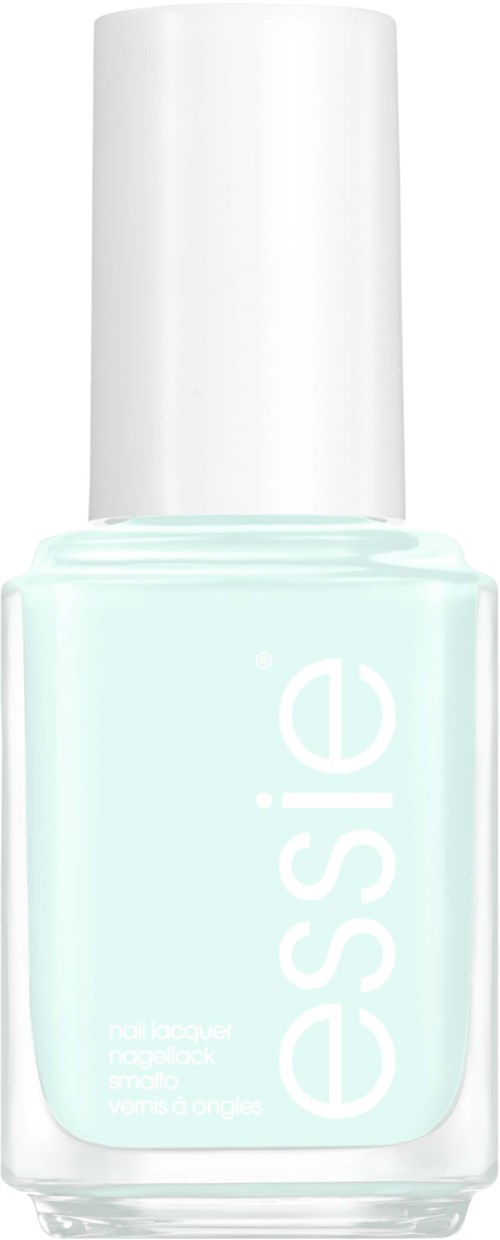 En flaska ljusblå nagellack med vit kork, märkt "essie."