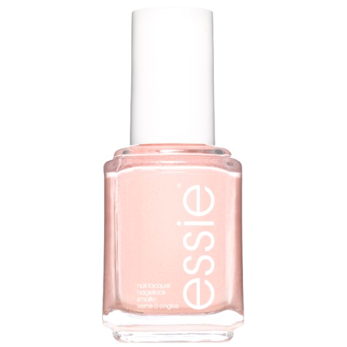 En ljus rosa nagellackflaska med ordet 'essie' skrivet vertikalt. Vit kork upptill.