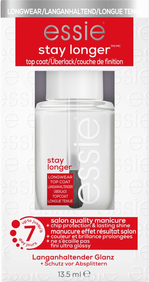 Kynsilakkapullo, jossa lukee 'essie stay longer' pitkäkestoiselle päällyslakalle. Punainen, valkoinen ja läpinäkyvä design. 13,5 ml.