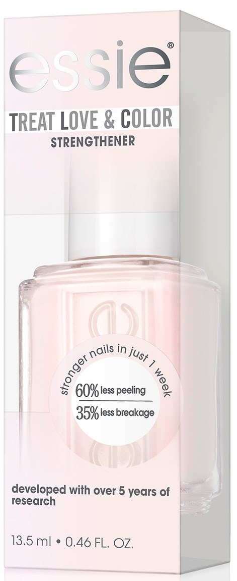 Nagellackverpackung in rosa, verspricht stärkere Nägel mit weniger Ablösen und Bruch.