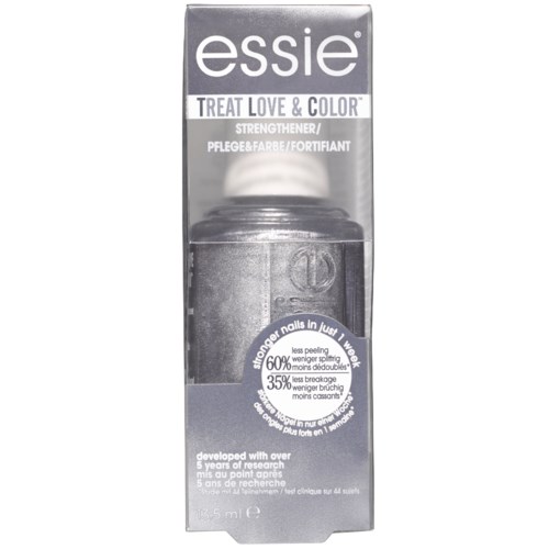 A nail polish box labeled 'Essie Treat Love & Color' with information about strengthening nails and ingredients.