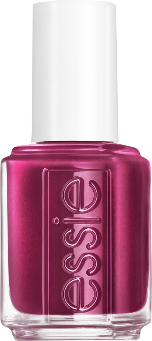 En flaska med rosa nagellack med vit kork, märkt 'essie' på framsidan.