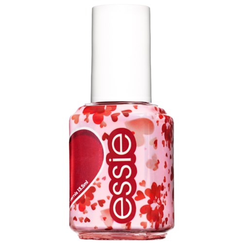 En nagellackflaska med rosa och röda blommor och vit plopp.