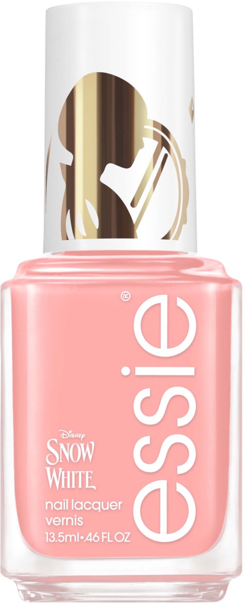 Pink nail polish bottle with 'Essie' branding and 'Snow White' label, featuring a silver cap with ballet dancers.