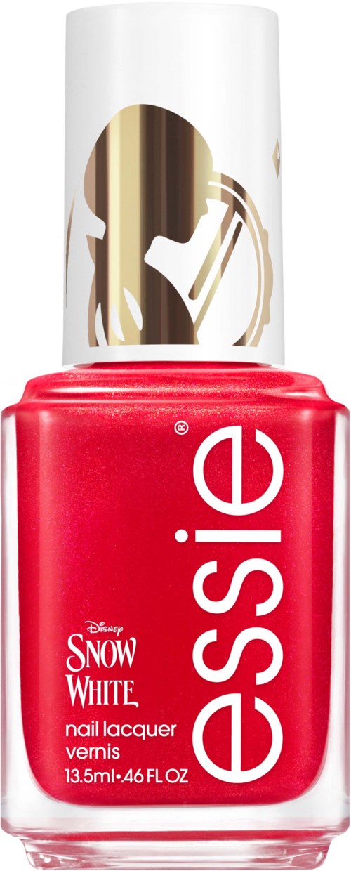 A red nail polish bottle labeled 'Essie Snow White' with a white cap featuring a gold design.