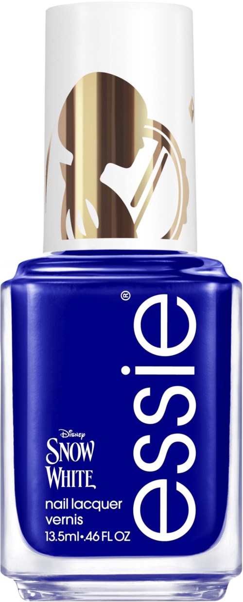 Blue nail lacquer bottle labeled 'Essie Snow White' with a white cap featuring gold accents.