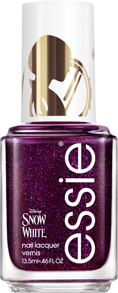 Purple glittery nail polish bottle with white and purple text, labeled 'essie Snow White' and made by Disney.