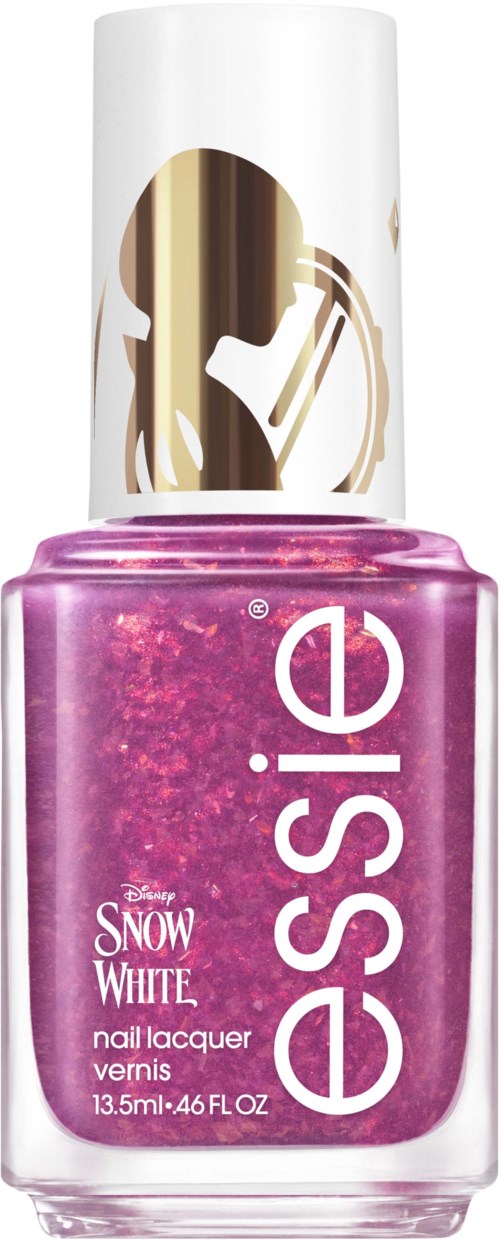 Pink nail polish with gold cap, labeled "essence" and "Snow White," indicating Disney character theme.
