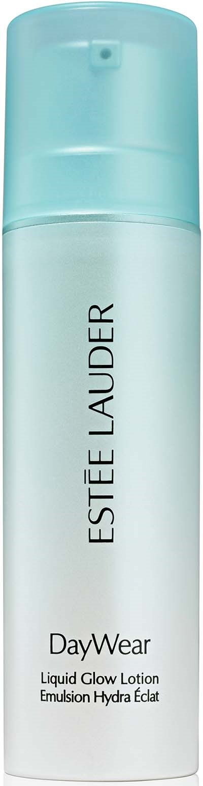 Een witte fles van Estée Lauder DayWear Liquid Glow Lotion met een lichtblauwe dop.