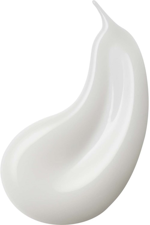 Een gladde, witte crème of lotion in een gebogen, druppelvorm bedoeld voor huidverzorgings- of schoonheidsproducten.