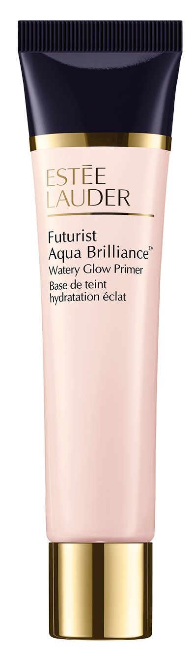 Różowa tubka z ciemnym korkiem, oznaczona Estée Lauder Futurist Aqua Brilliance, baza rozświetlająca nawilżenie.