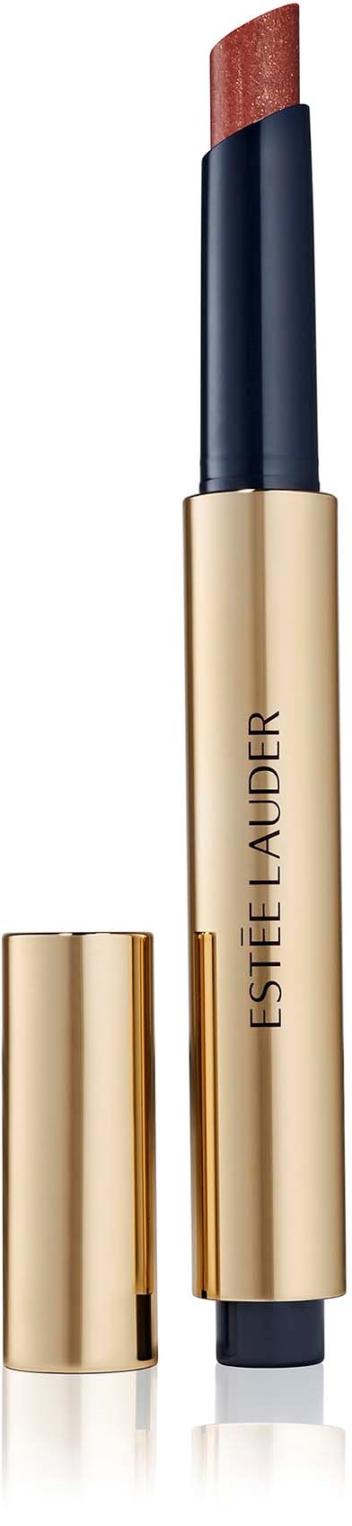 Een make-up stift met een bruin kleurtje, goud en zwart verpakt en een verwijderbare dop.