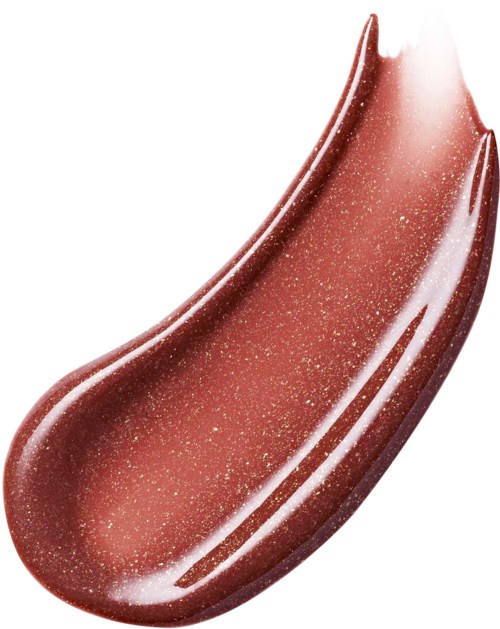 Een test van glanzende bronze lipstick of lipgloss met fijne goudglitters.