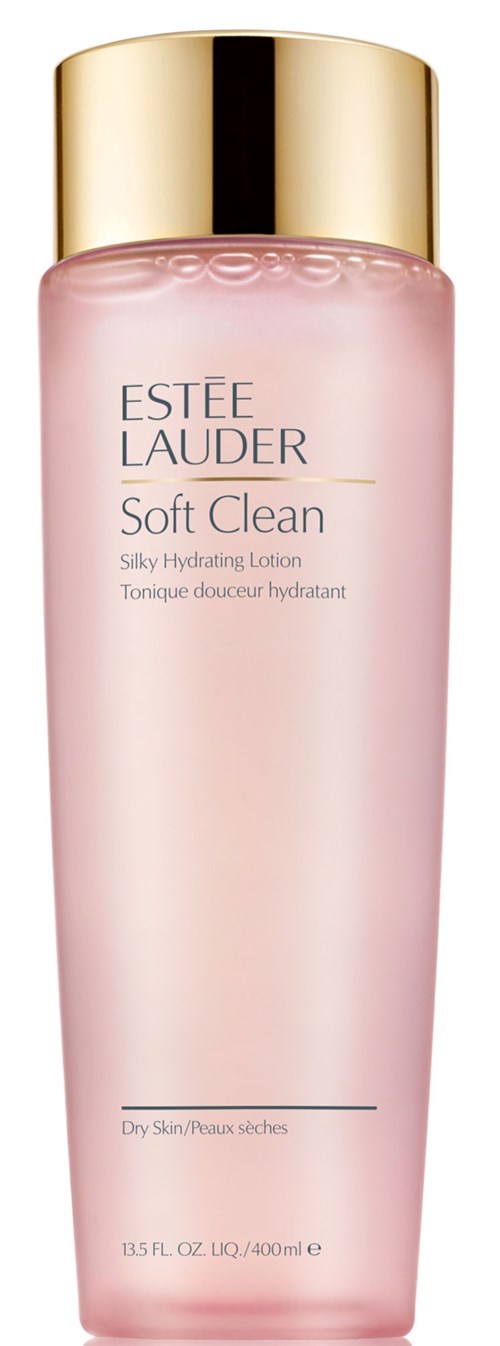 En rosa flaska med guldlock, märkt 'Estée Lauder Soft Clean', för torr hud och återfuktning.