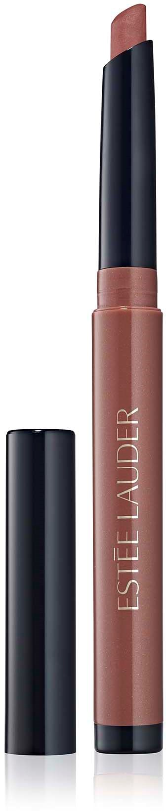 Een lippenstift of lip balm in een tube met een zwarte dop en beige product zichtbaar. Lesie Lauder branding op de tube.