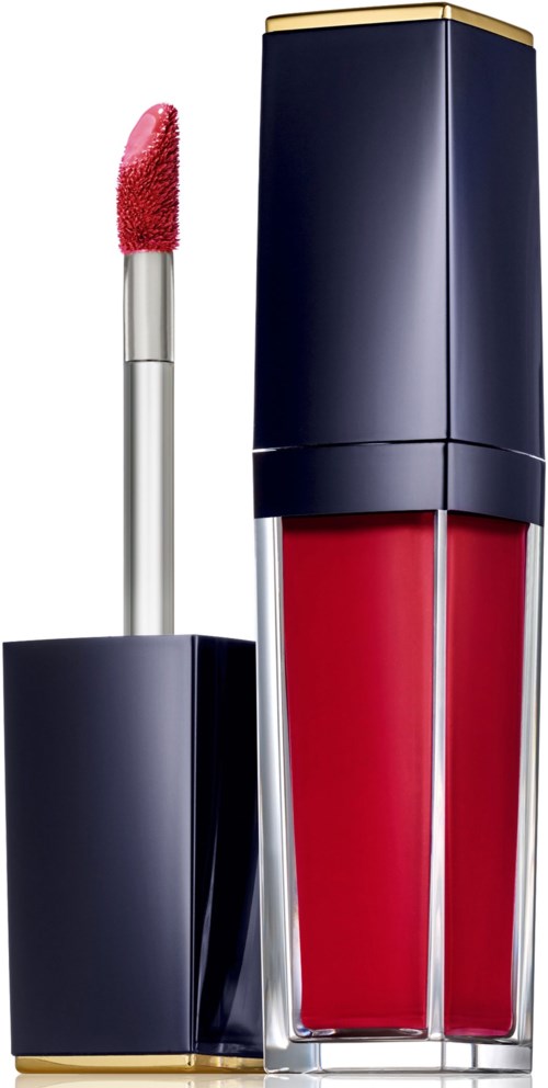 En rød læbestift med sort og guldindhold, og en matchende lip gloss-applikator.
