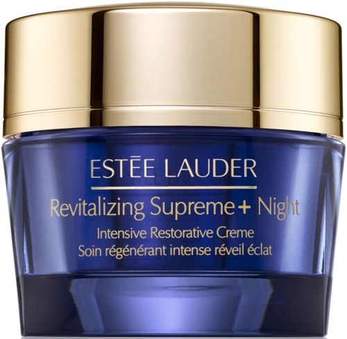 En mørk blå krukke med gulllokk. Det er Estée Lauder Revitalizing Supreme+ Night krem.