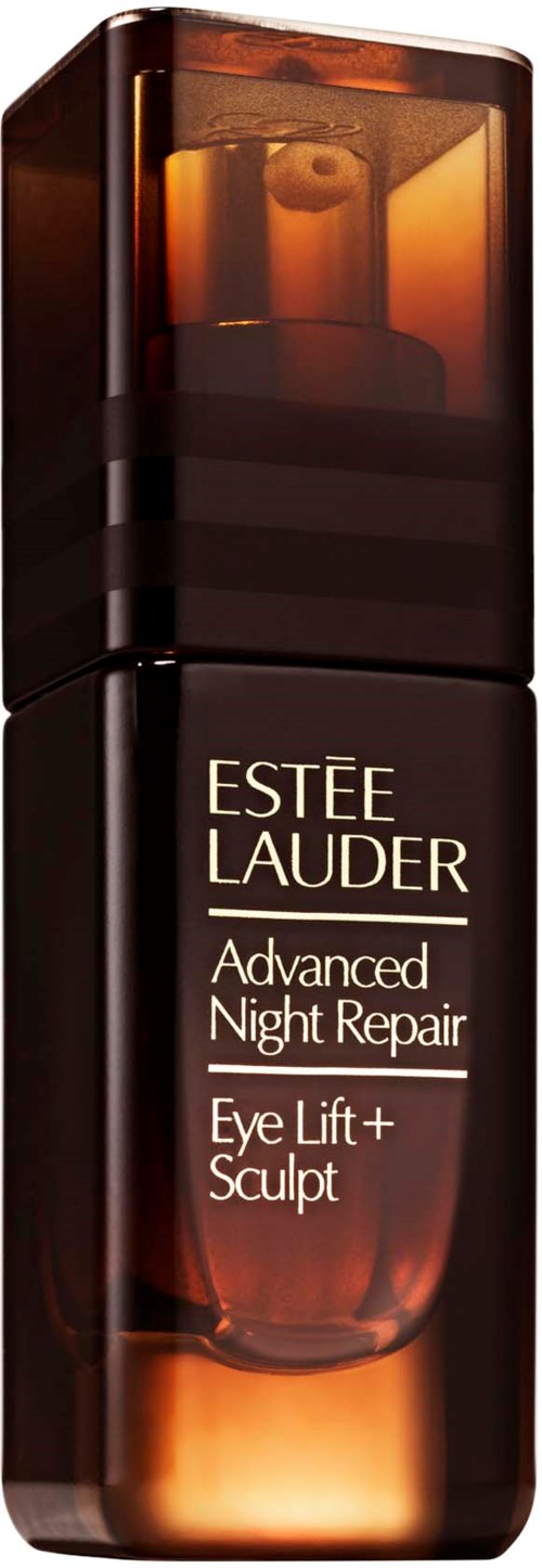 En brun och svart flaska med Estée Lauder Advanced Night Repair ögonserum med pump.