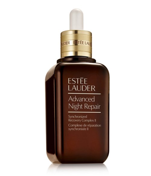 En brun flaske med Estée Lauder Advanced Night Repair og hvid dropperhætte.