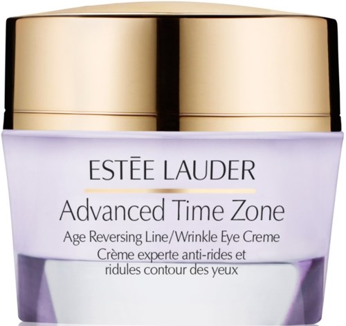 Słoik kremu pod oczy Estée Lauder Advanced Time Zone z złotą pokrywką i fioletowo-białą etykietą.