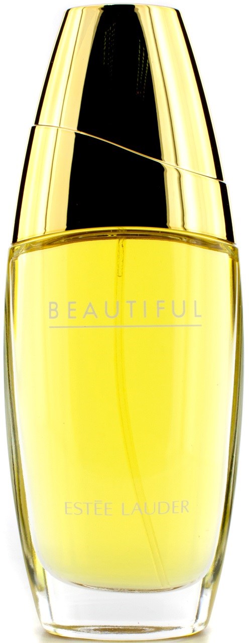 En gul parfume flaske med en skinnende guldlåse og ordene "BEAUTIFUL" og "ESTÉE LAUDER" på den.