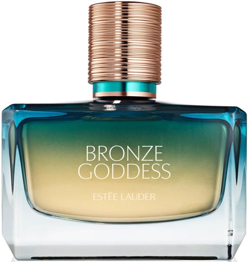 Butelka perfum o nazwie Bronze Goddess od Estée Lauder, z złotym korkiem i zielonkawym opakowaniem.